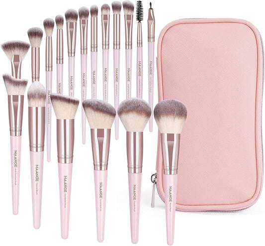 18-Piece Professional Synthetic Makeup Brush Set with Case - Foundation, Kabuki, and Eye Brushes (Pink Gold)