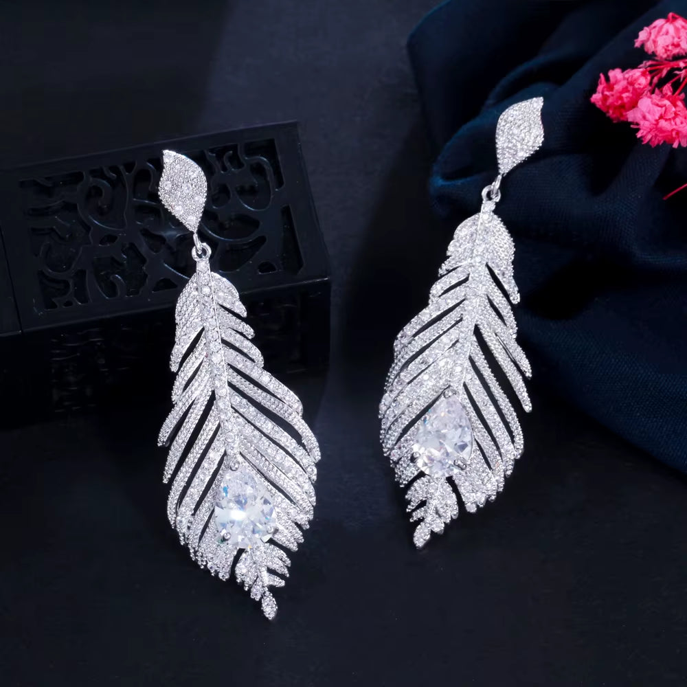 2023 Trend Designer Cubic Zirconia Long Dangle Feather Earrings for Women - Elegant Jewelry for Engagements, Parties, and Weddings - CZ977