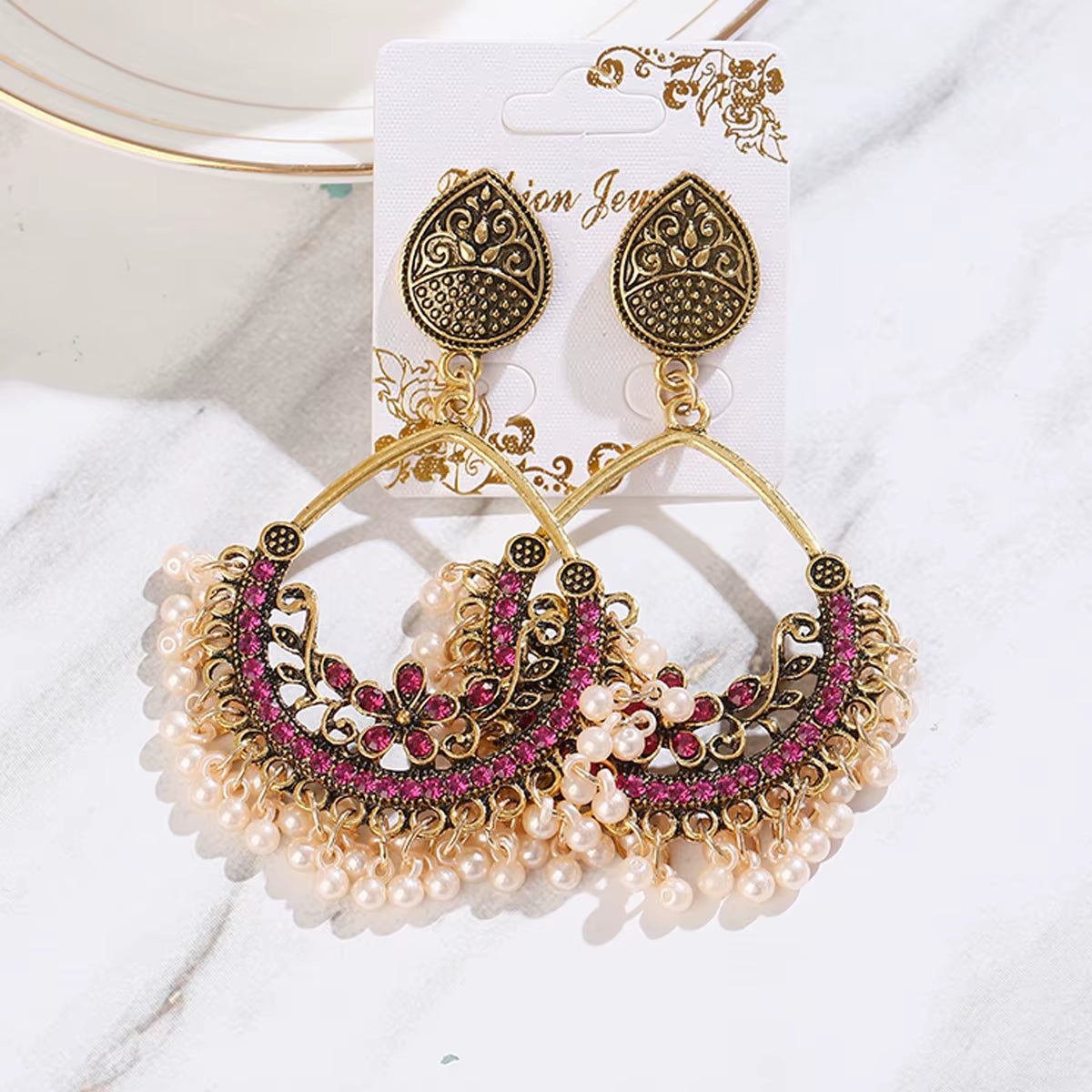Women's Gold-Plated Large Round Indian Jhumka Earrings with Pearl Tassel Drop - Ethnic Gypsy Fashion Jewelry 2022