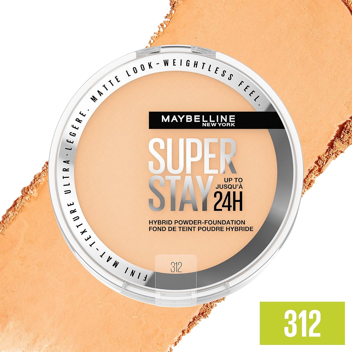 Maybelline Super Stay 24HR Hybrid Powder Foundation, Medium to Full Coverage, Matte Finish, Shade 312, 1 Count