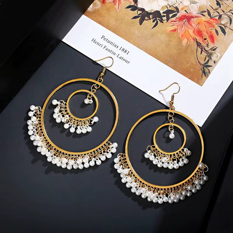 Women's Gold-Colored Large Round Indian Jhumka Earrings with Pearl Tassel Drop - Ethnic Gypsy Fashion Jewelry 2022