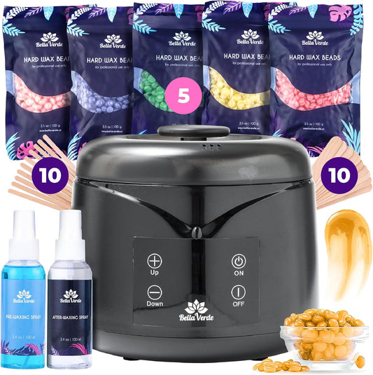 Professional Wax Warmer Kit for Home Hair Removal - Includes LED Display, 5 Bags of Painless Hard Wax Beans, and 20 Wax Sticks for Face, Legs, Arms, and Bikini