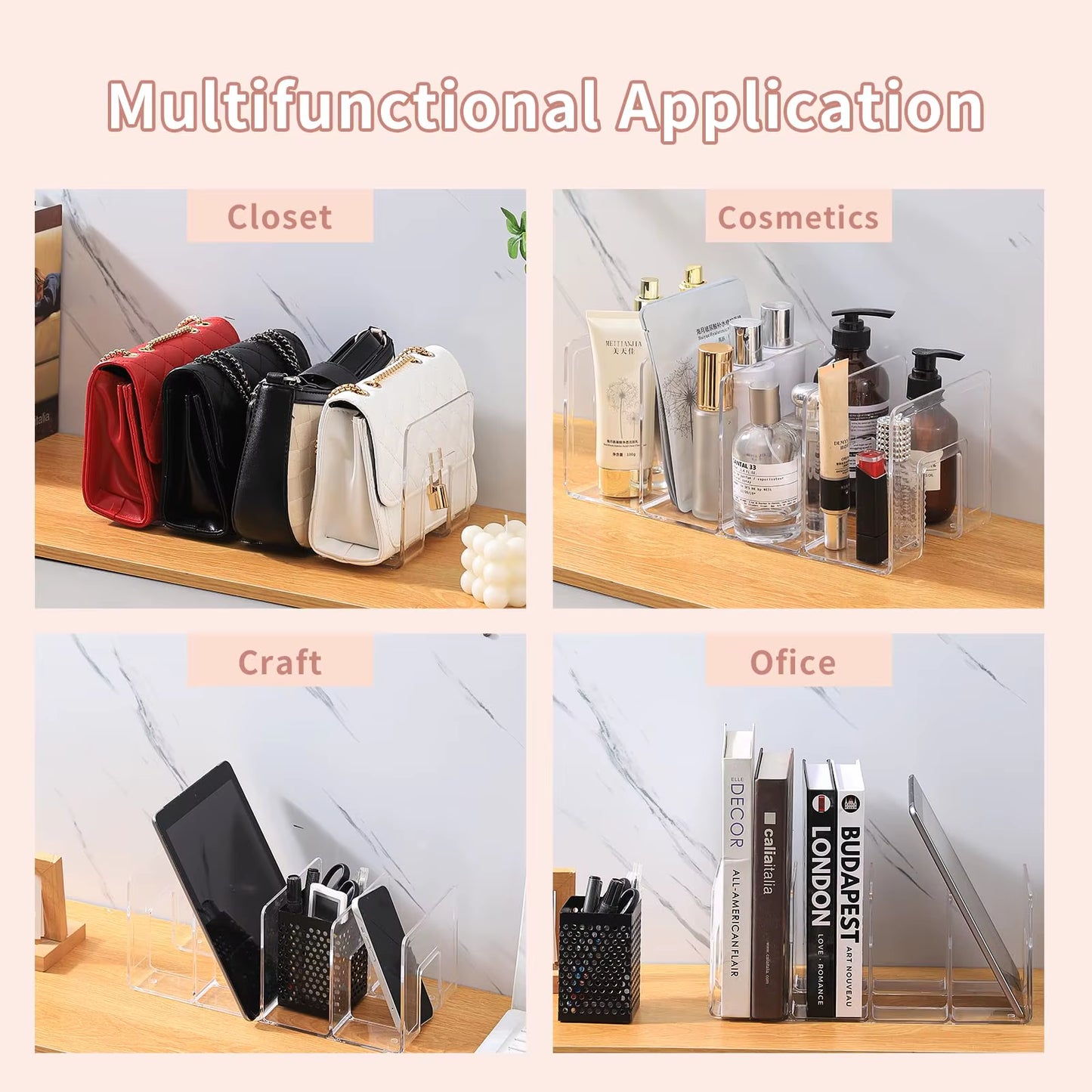 Clear Plastic Handbag Organizer with 4 Sections - 32x13x14.5cm Closet Shelf Divider and Display Stand