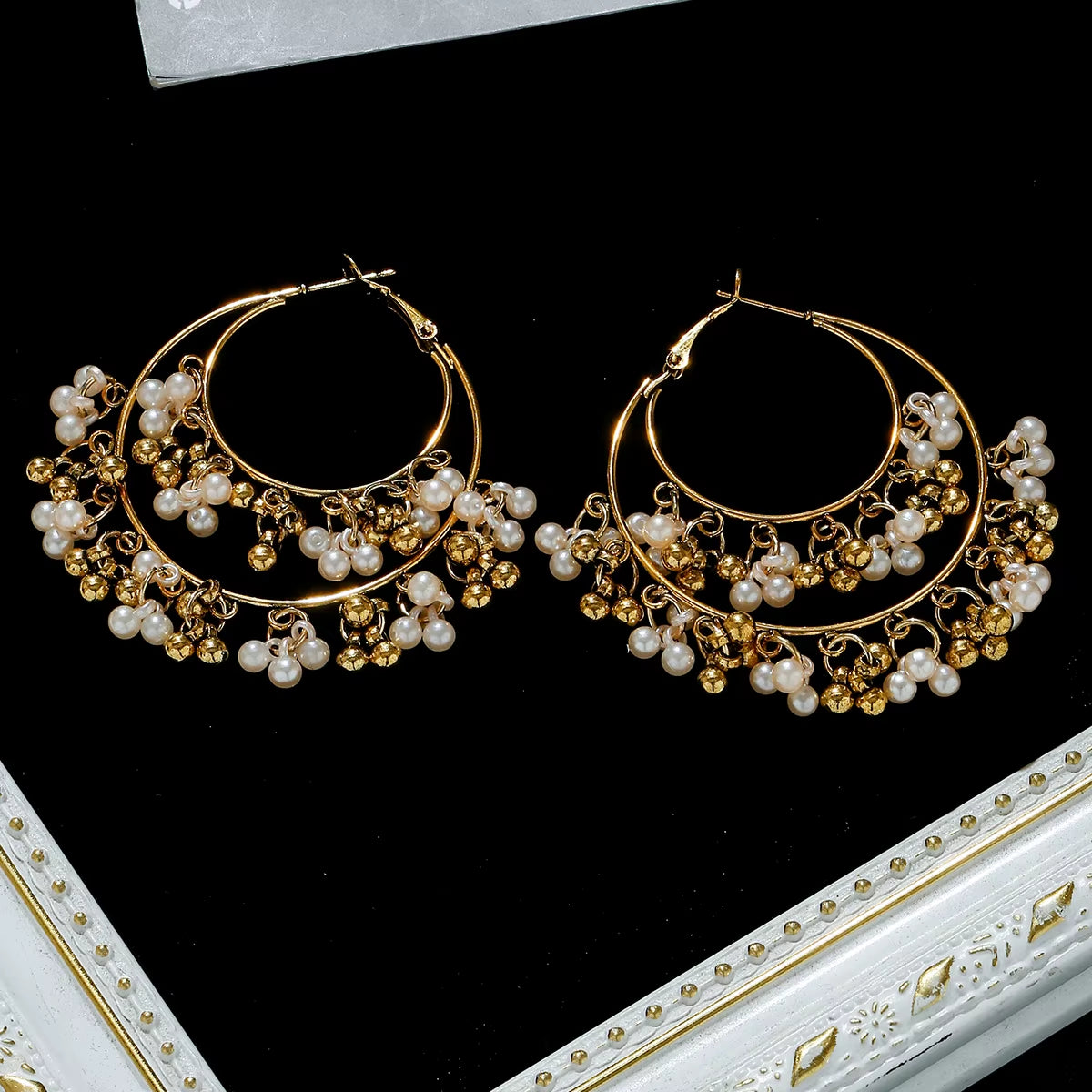 Classic Retro Gold Alloy Round Pearl Bead Tassel Earrings for Women - Bohemian Jhumka Indian Jewelry