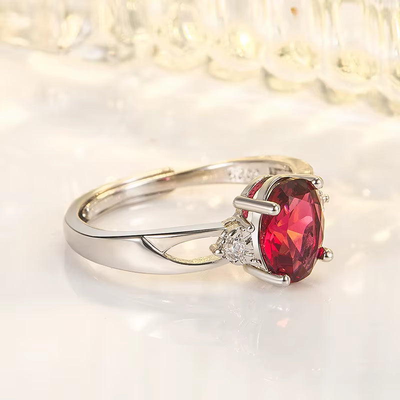 Classic 925 Silver Ring with Oval Ruby Zircon Gemstone for Women - Elegant Open Finger Design for Weddings, Parties, and Special Occasions