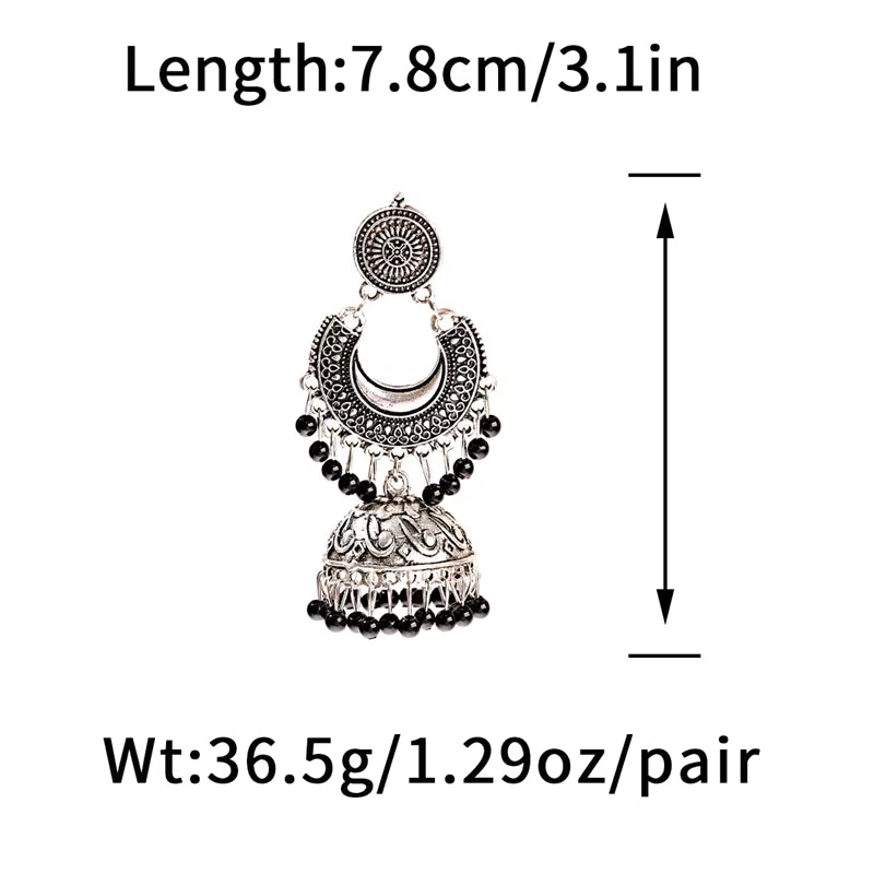 Retro Silver Turkish Jhumka Earrings with Bohemian Beads and Tassels for Women