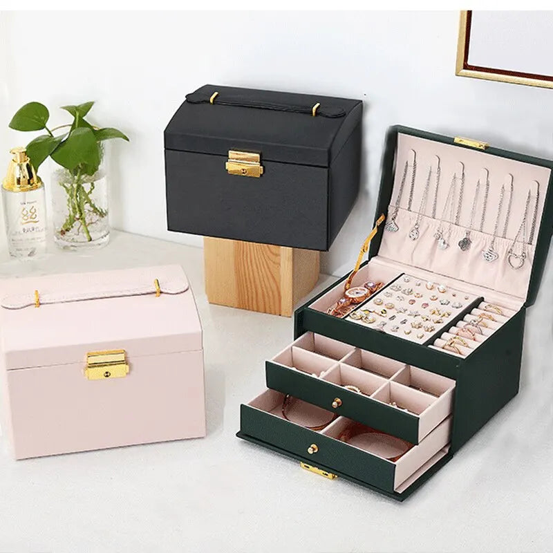Multi-Functional Three-Layer Leather Jewelry Box with Lock for Earrings and Accessories