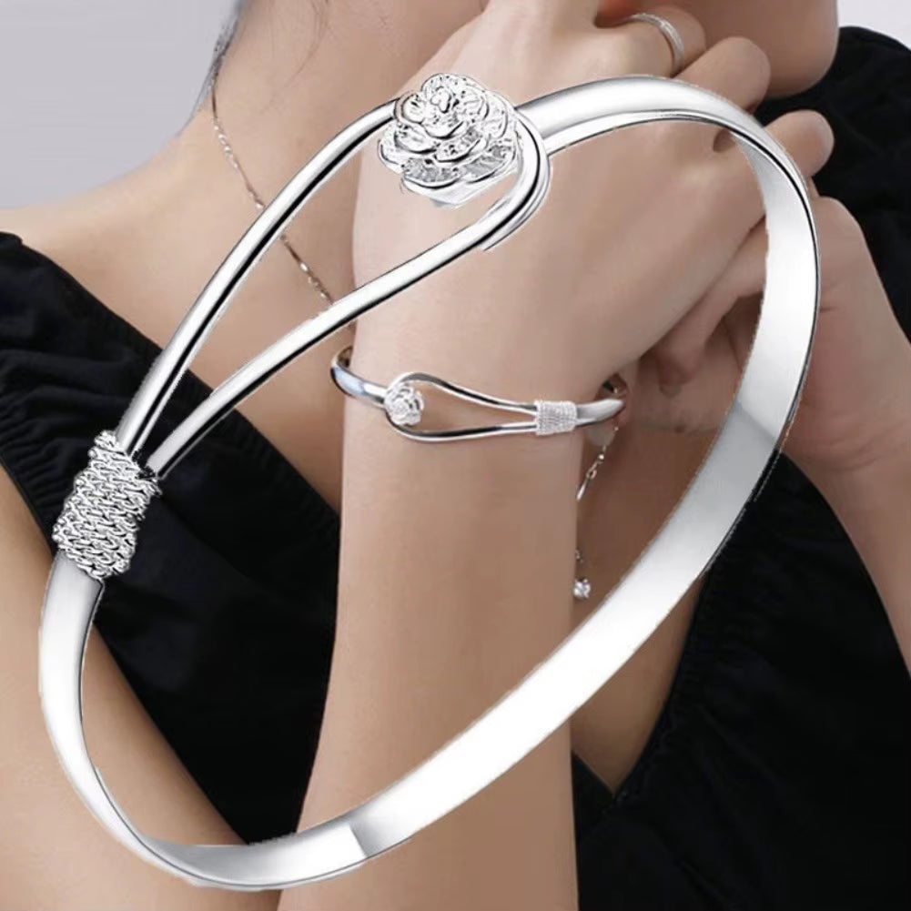 Elegant 925 Sterling Silver Flower Bangle Bracelet for Women - Adjustable Fashion Jewelry for Parties and Gifts