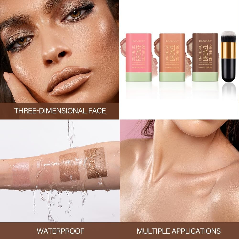 3-Piece Cream Contour Stick Set with Highlighter, Bronzer, and Blush for Cheeks and Lips - 3-in-1 Multi-Highlighter Makeup with Application Brush for Sculpting Cheeks, Long-Lasting Formula