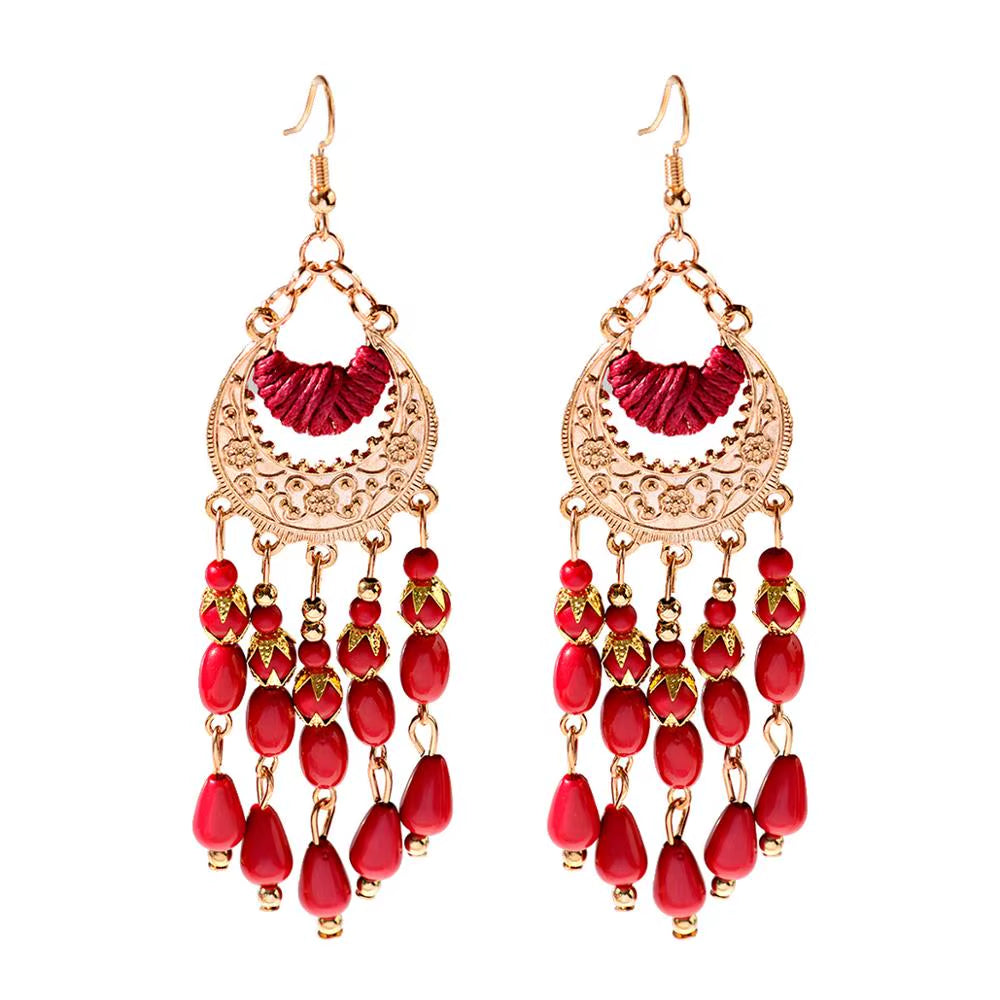 Retro Silver Turkish Jhumka Earrings with Bohemian Beads and Tassels for Women