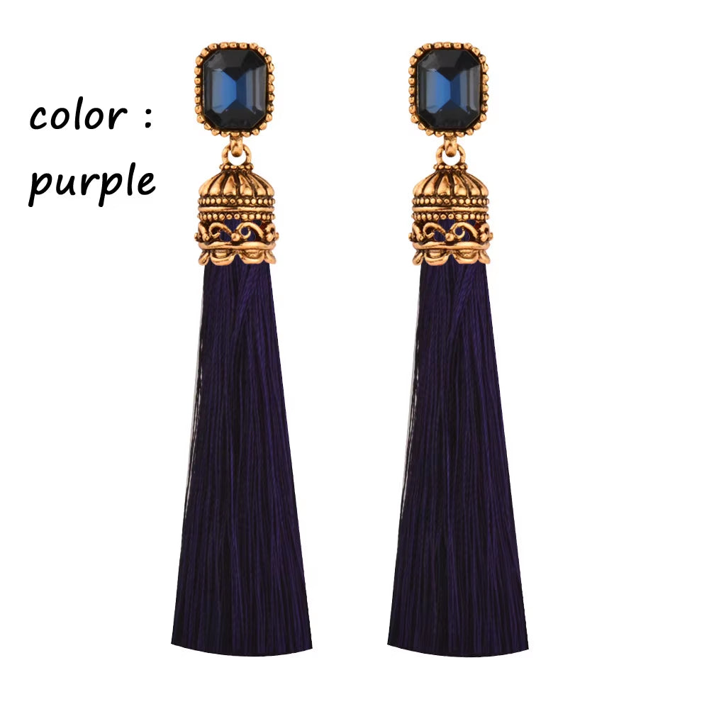 Women's Antique Gold Long Silk Tassel Earrings with Red and Black Square Cubic Zirconia - Bohemian Ethnic Jewelry