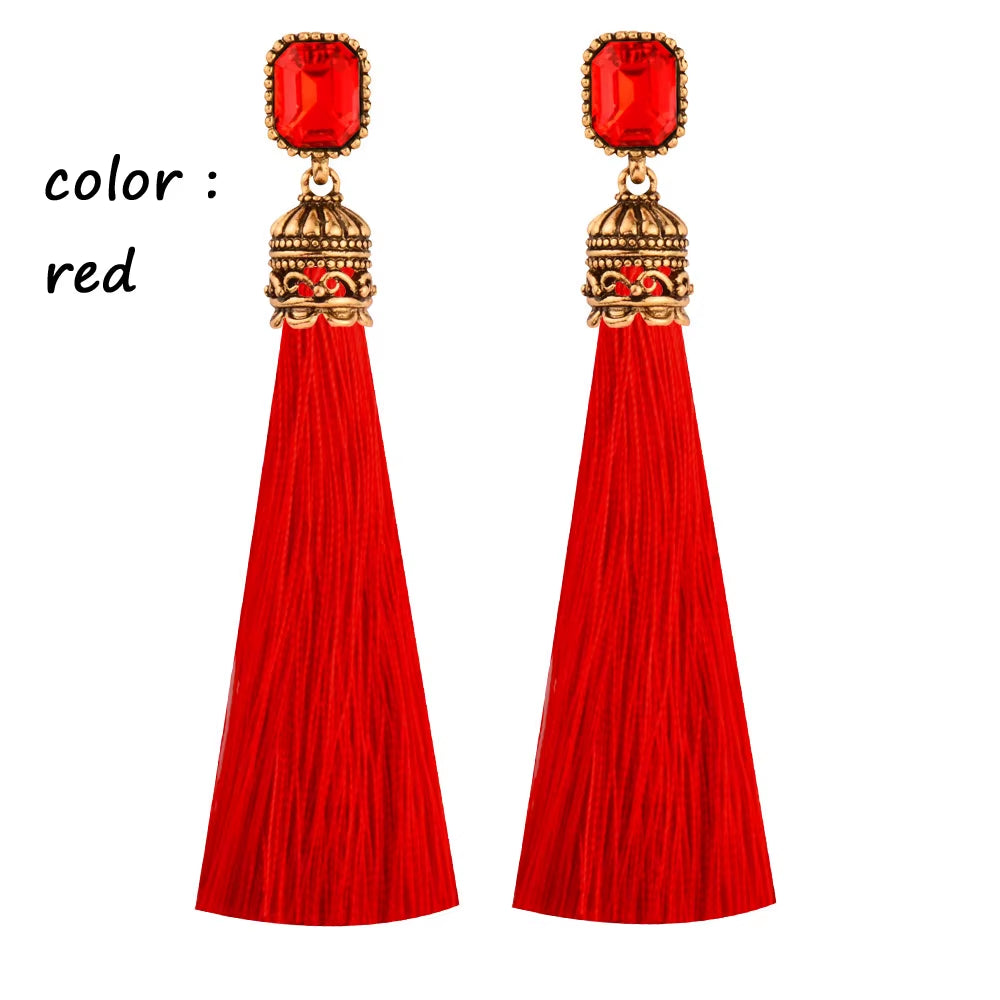 Women's Antique Gold Long Silk Tassel Earrings with Red and Black Square Cubic Zirconia - Bohemian Ethnic Jewelry