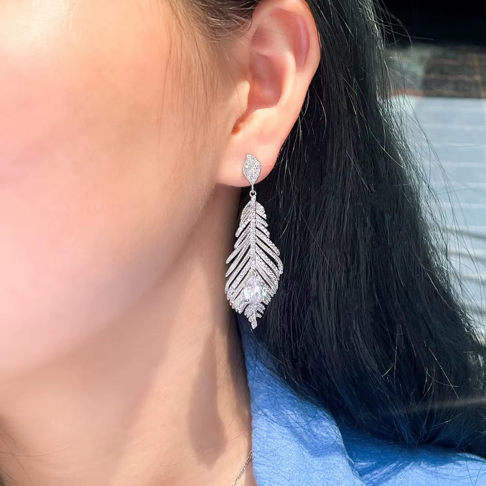 2023 Trend Designer Cubic Zirconia Long Dangle Feather Earrings for Women - Elegant Jewelry for Engagements, Parties, and Weddings - CZ977