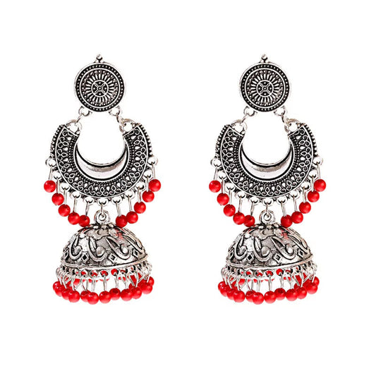 Retro Silver Turkish Jhumka Earrings with Bohemian Beads and Tassels for Women
