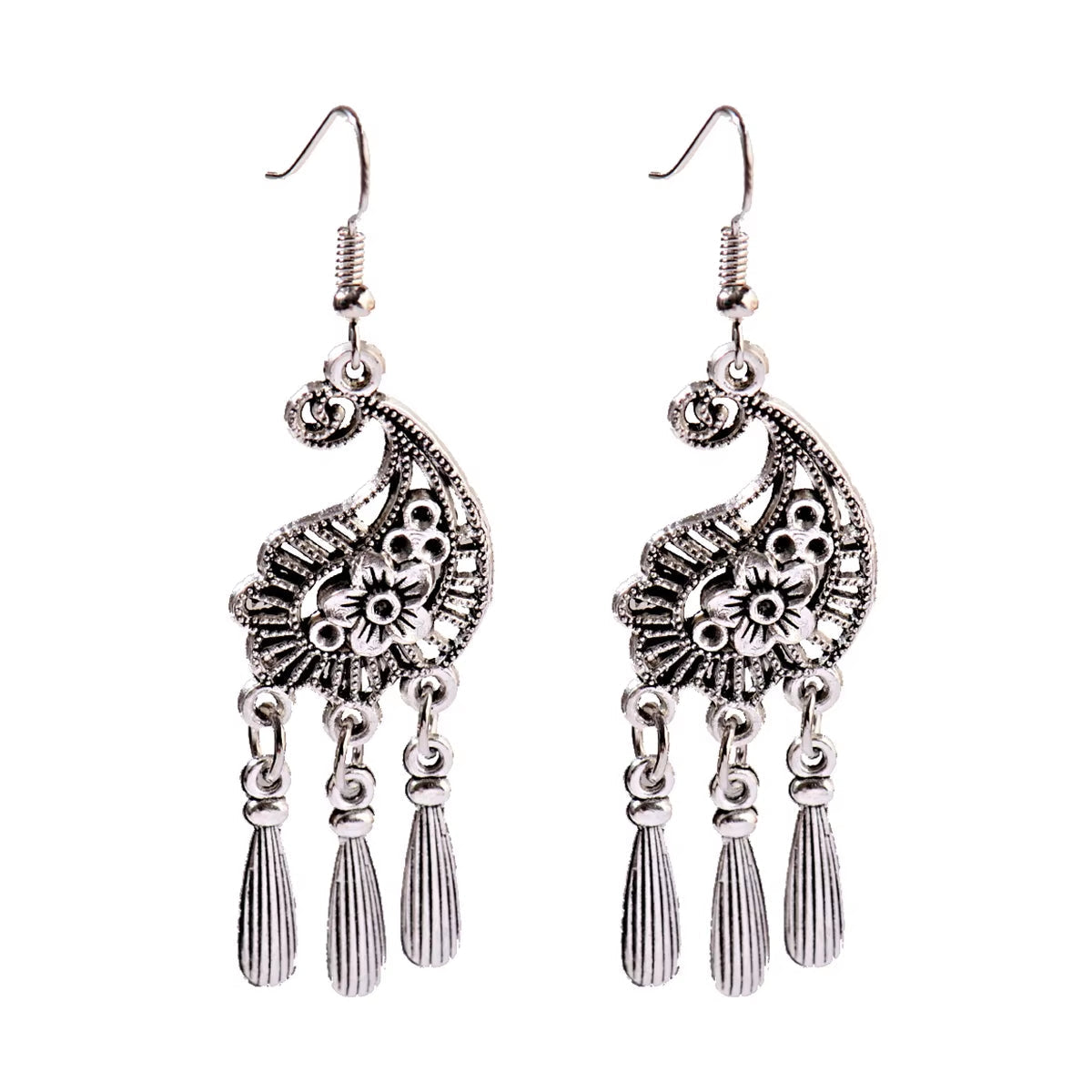 2019 Vintage Ethnic Round Alloy Tassel Hollow Drop Earrings for Women