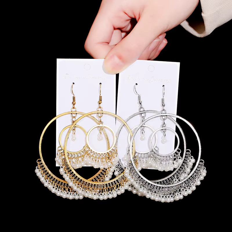 Women's Gold-Colored Large Round Indian Jhumka Earrings with Pearl Tassel Drop - Ethnic Gypsy Fashion Jewelry 2022
